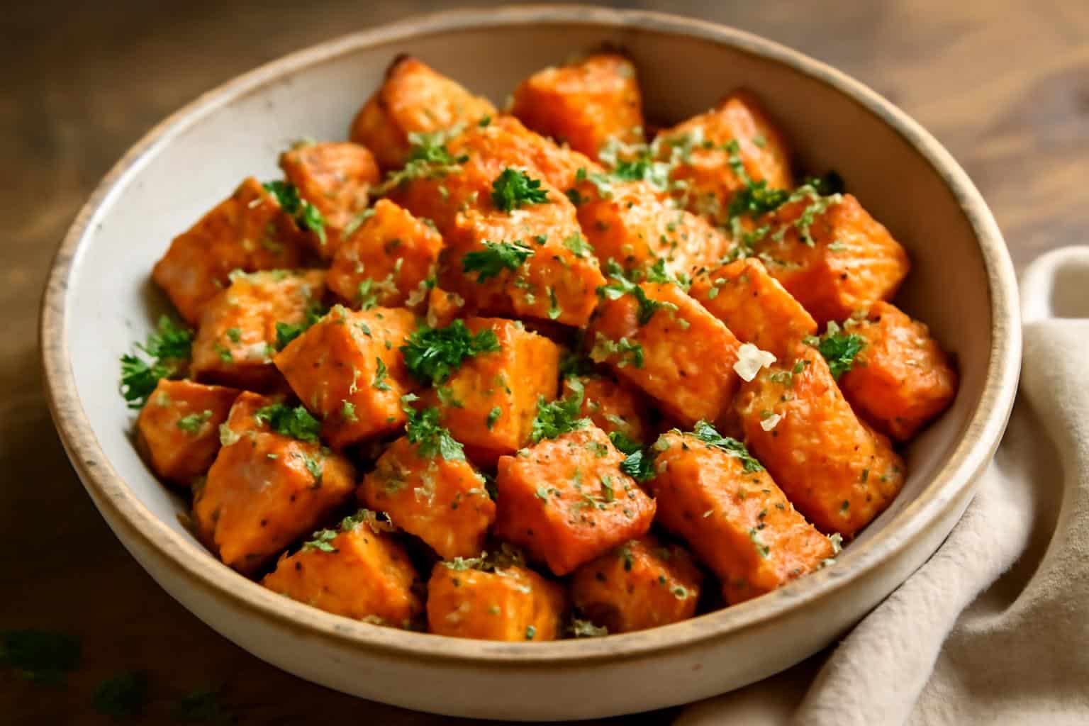 Garlic parmesan sweet potatoes roasted to golden perfection with fresh parsley garnish