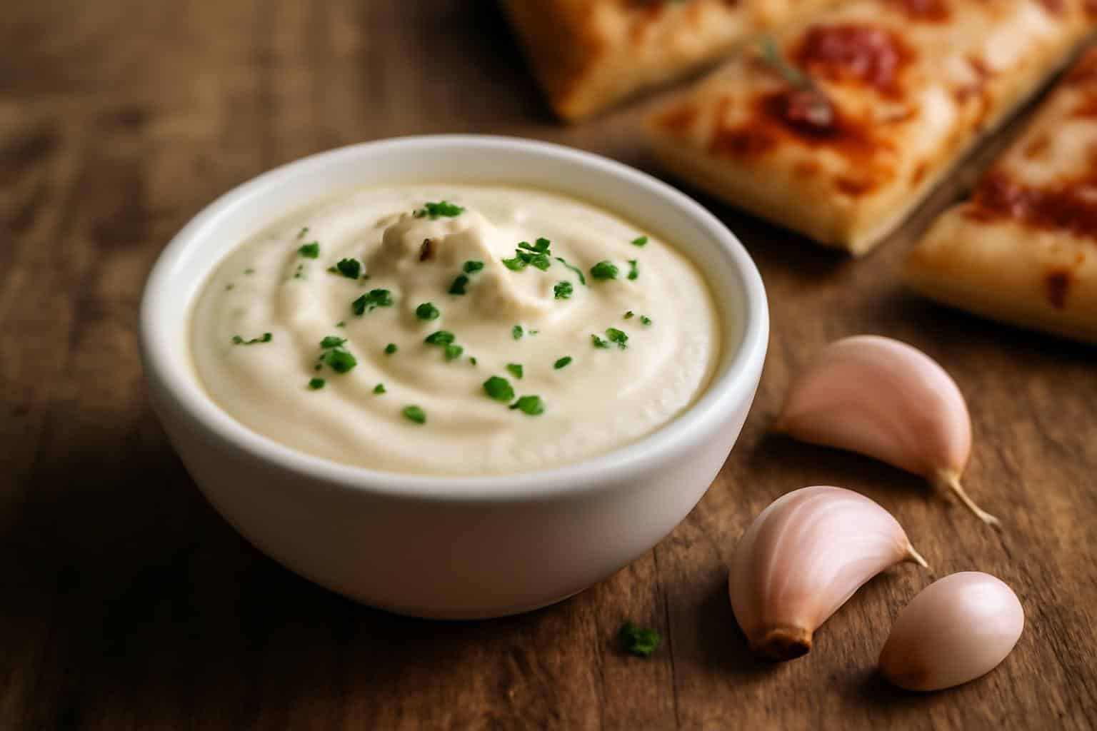 Creamy garlic sauce for pizza in a white bowl garnished with parsley