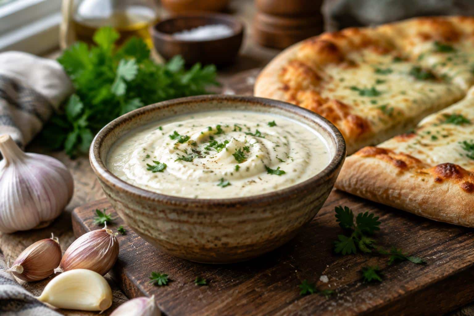 Creamy garlic sauce for pizza in a rustic bowl garnished with parsley on wooden board