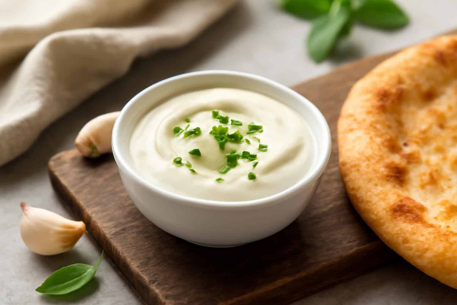 Creamy garlic sauce for pizza in white bowl garnished with parsley on rustic wooden board