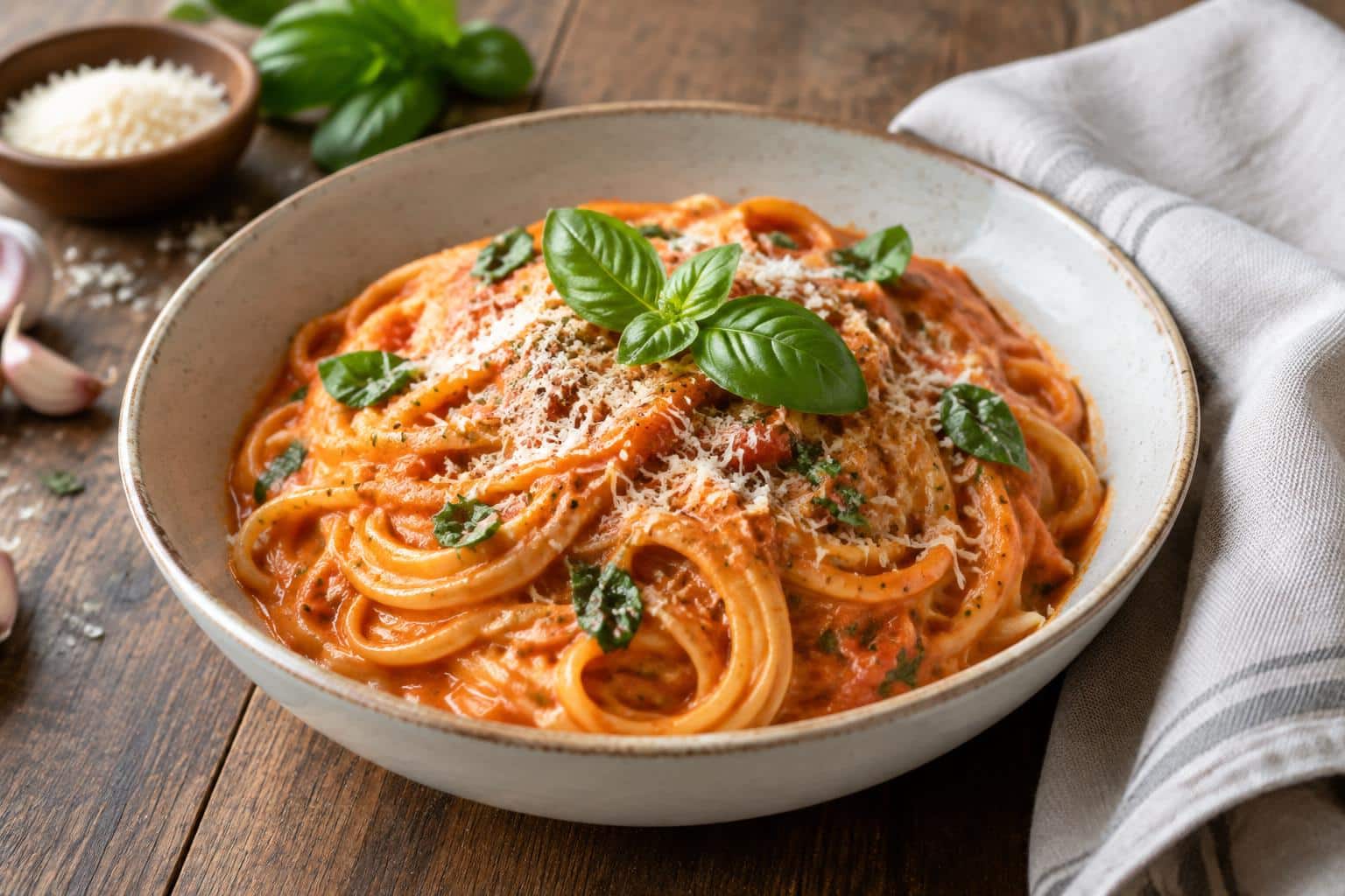 Creamy garlicky pasta with rich tomato cream sauce garnished with fresh basil and Parmesan