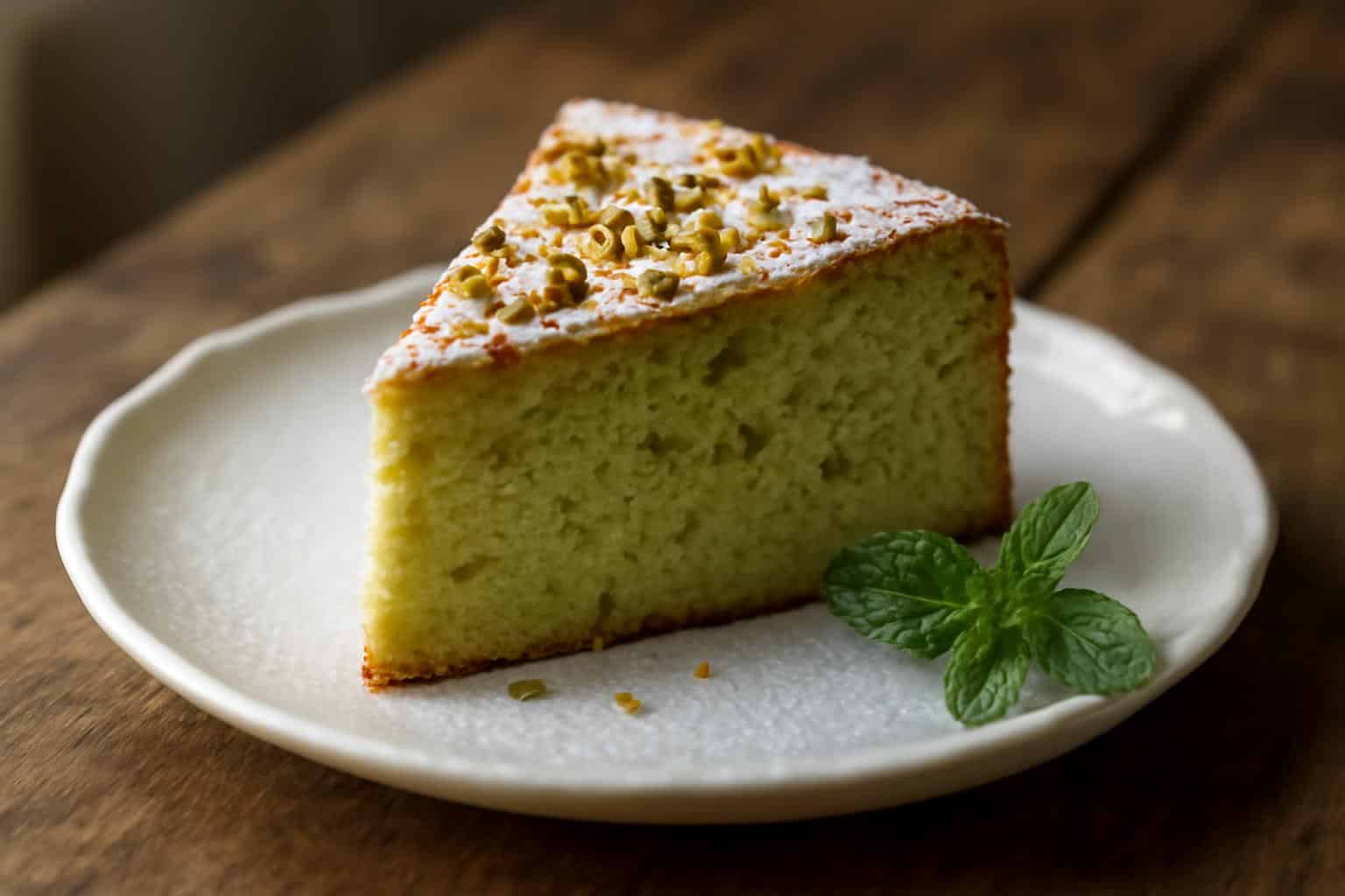 slice of gâteau nuage pistache dessert garnished with chopped pistachios and powdered sugar