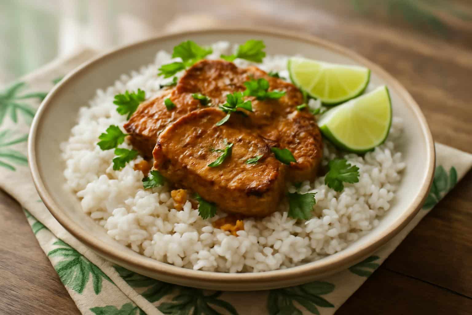 Ginger lime pork served with coconut rice garnished with fresh cilantro and lime wedges