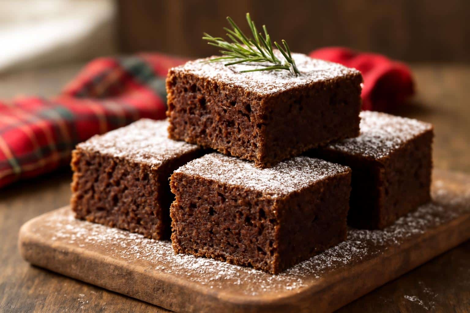 Gingerbread brownies with powdered sugar and rosemary garnish on rustic wooden board in natural light