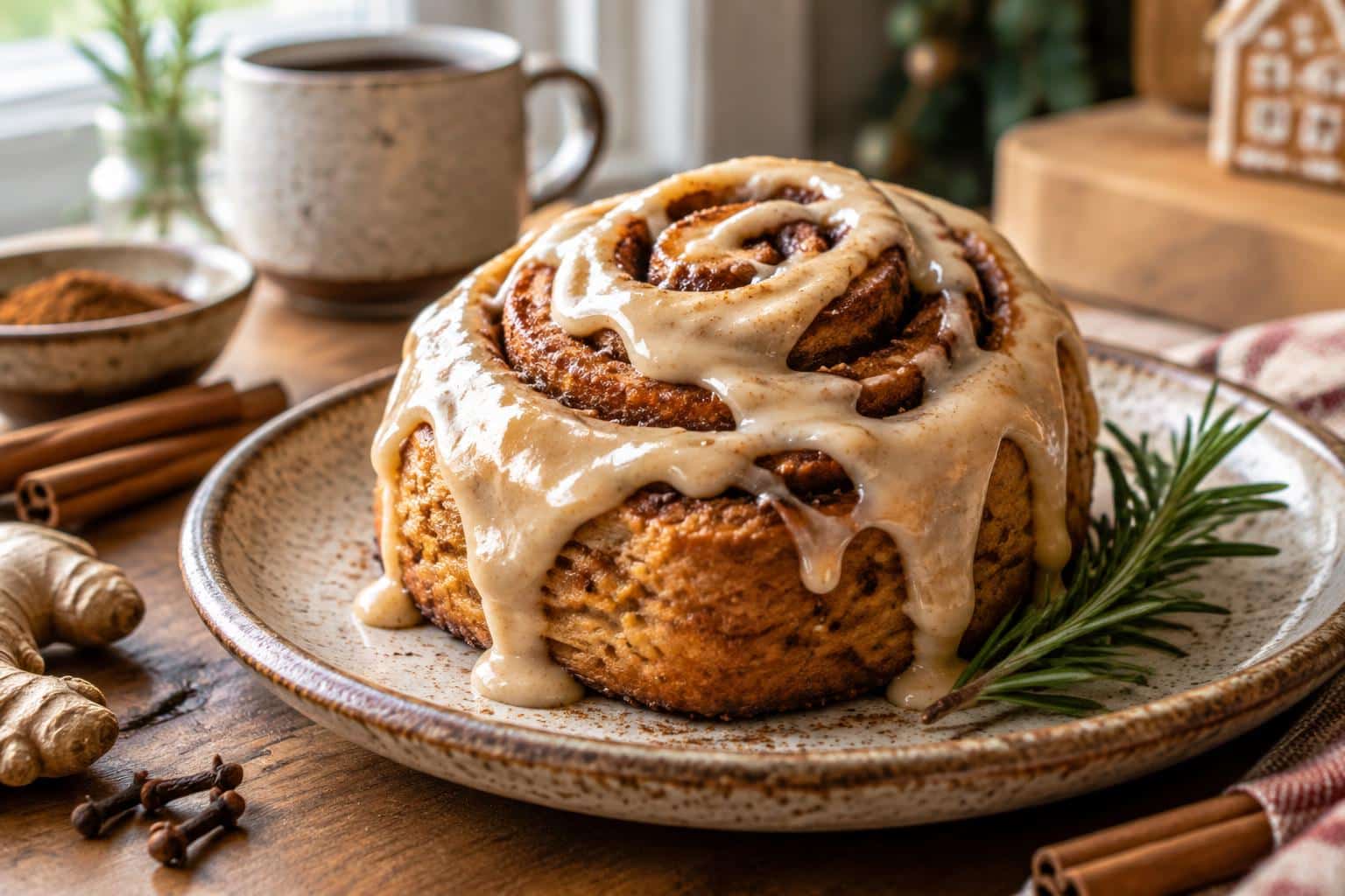 Gingerbread spice cinnamon rolls topped with maple frosting on a rustic plate