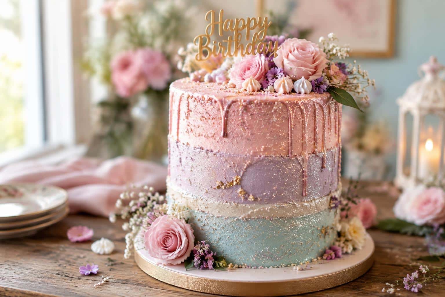 Glamorous sparkling birthday cake with shiny frosting and edible glitter on a rustic table