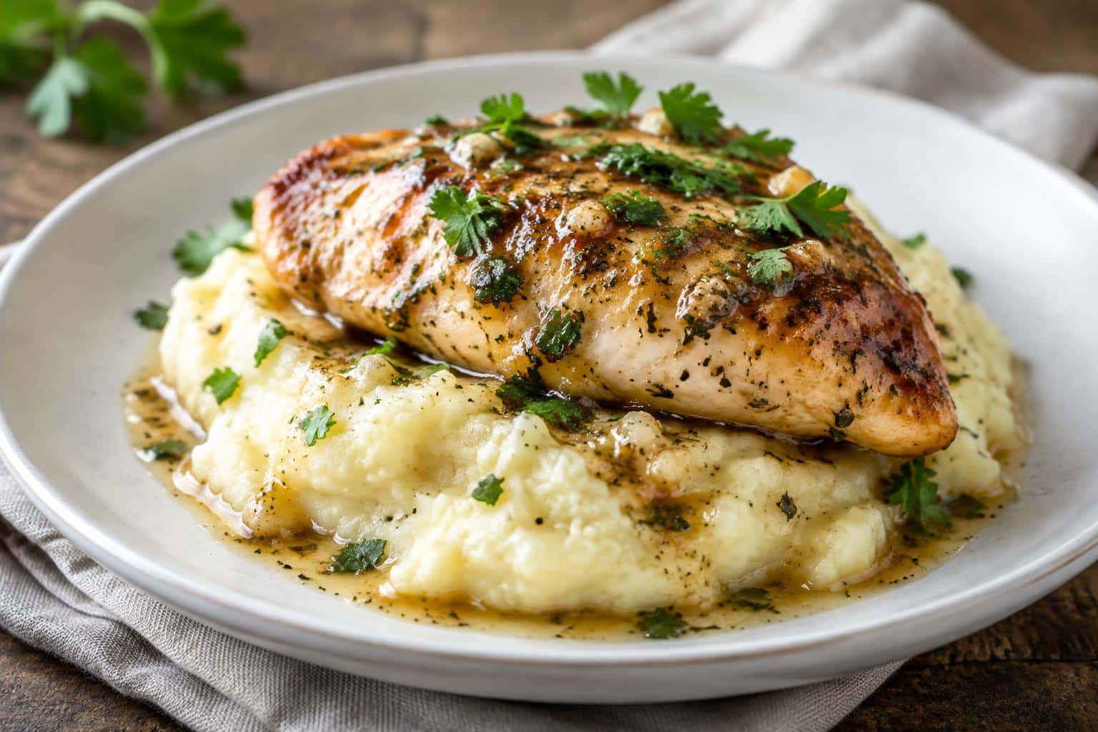 Glazed garlic herb chicken breast served over creamy mashed potatoes with pan sauce
