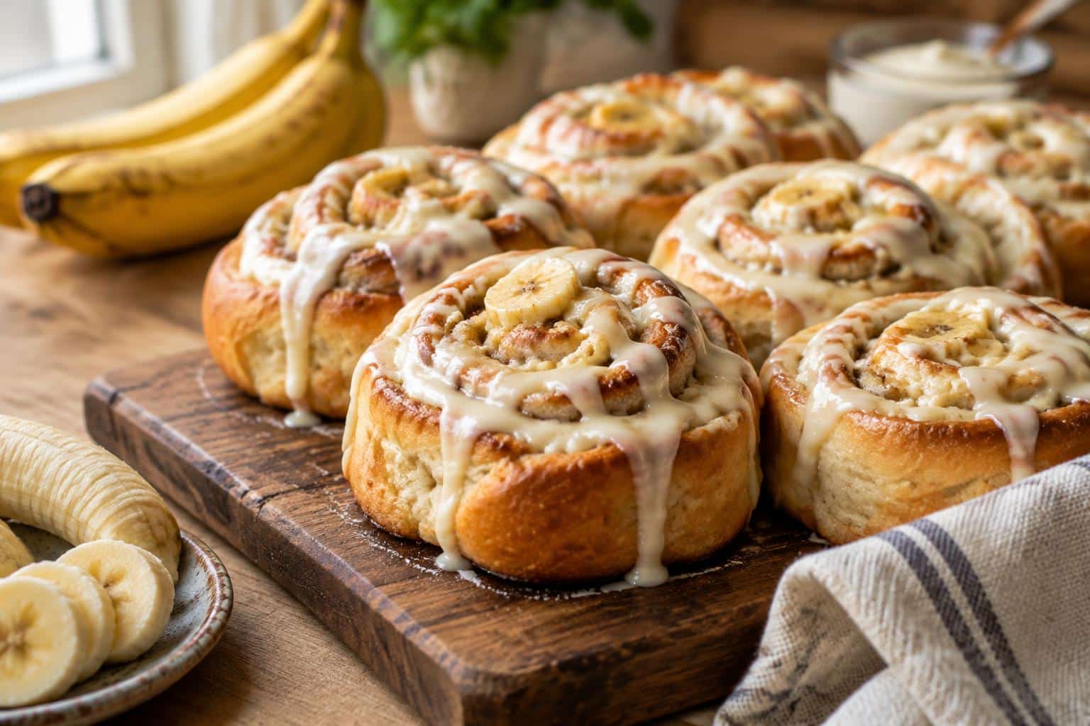 Fresh banana cream sweet rolls with creamy frosting on rustic wooden board