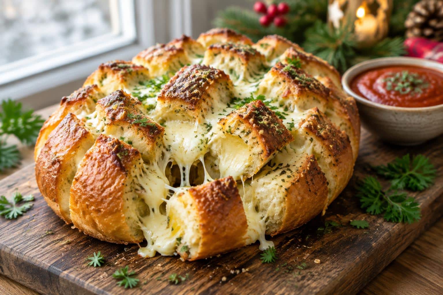 Golden cheesy pull apart bread with melted cheese and fresh parsley, cheesy pull apart bread