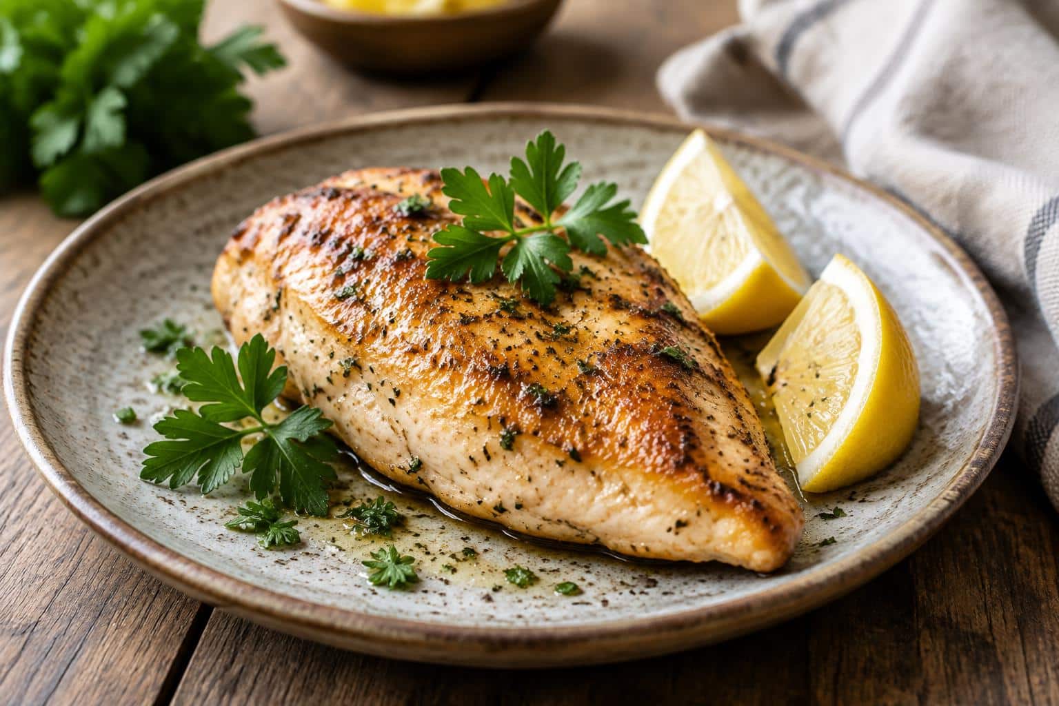 Juicy go-to chicken breast garnished with parsley and lemon wedges on a rustic plate