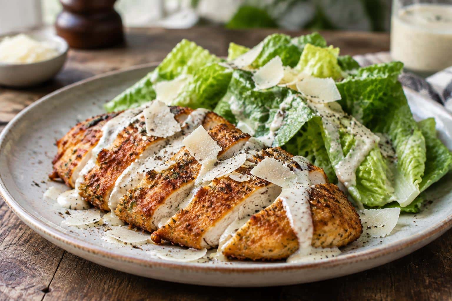 Close-up of golden-brown caesar chicken with parmesan and crisp romaine garnish