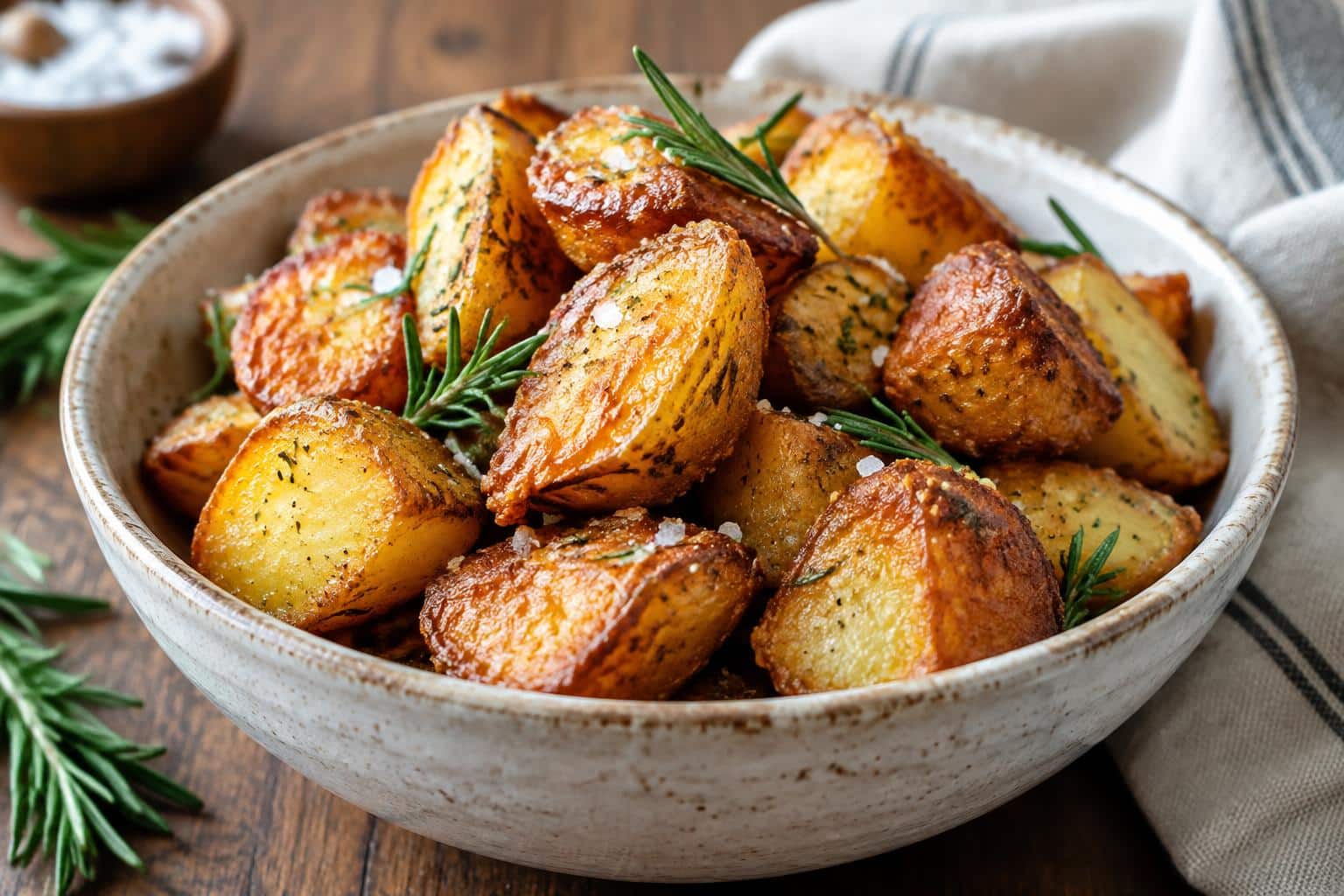 Golden crispy roast potatoes garnished with rosemary and sea salt flakes