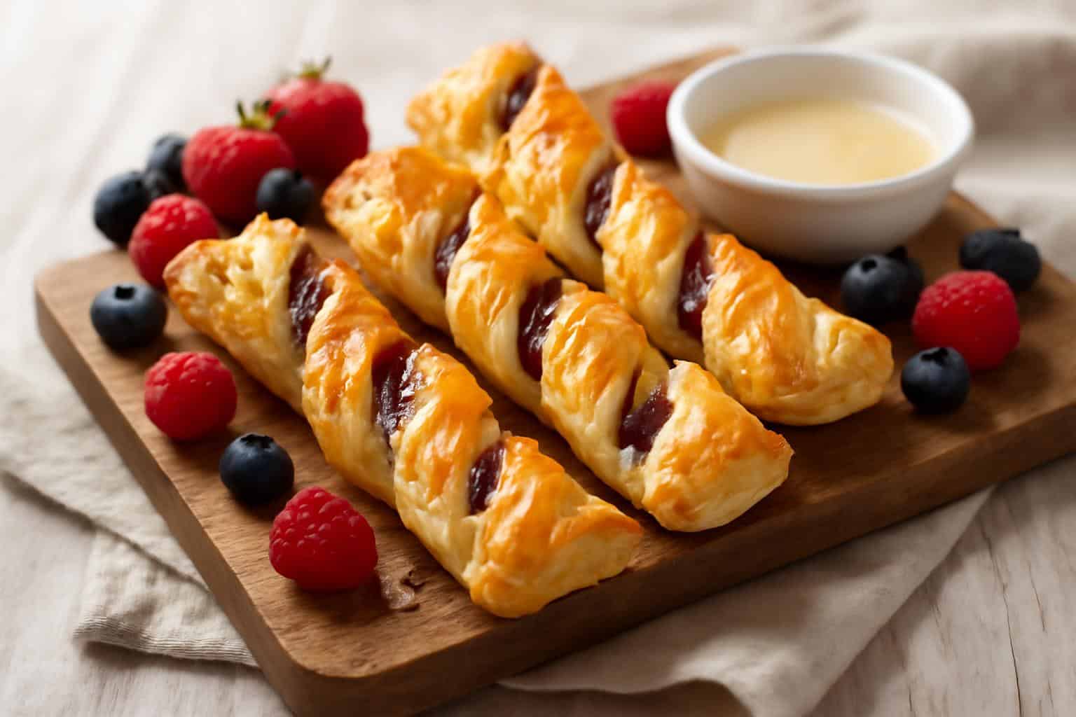 Golden flaky berry puff pastry twists with sweet glaze on rustic board