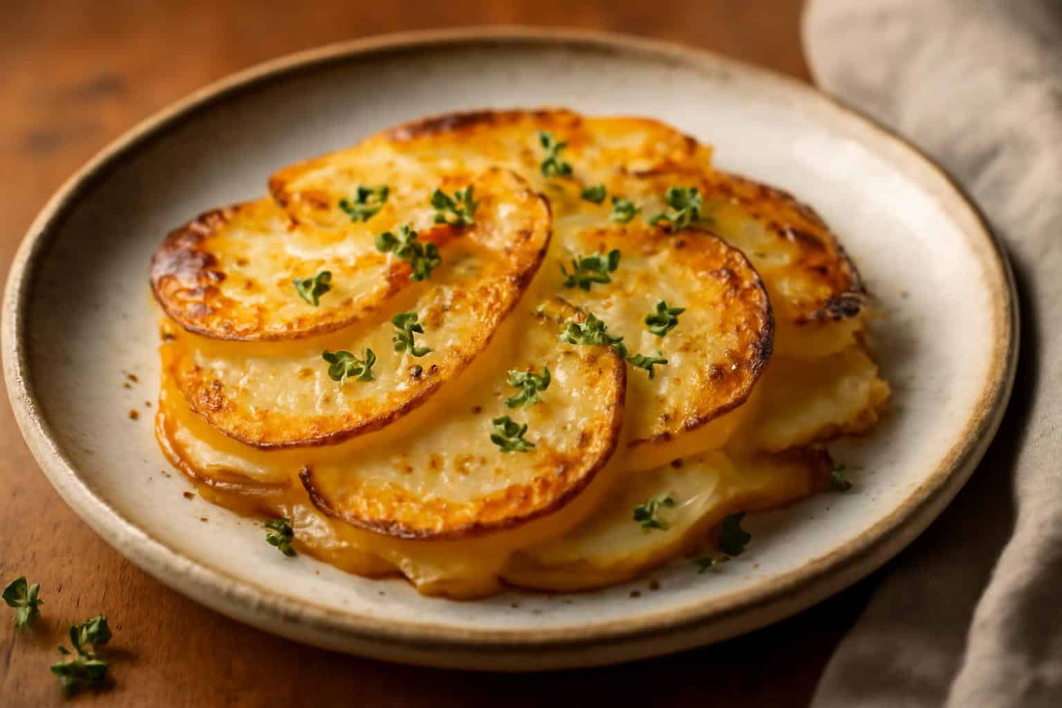 Golden Irish pan haggerty potatoes with crispy edges and creamy layers garnished with thyme
