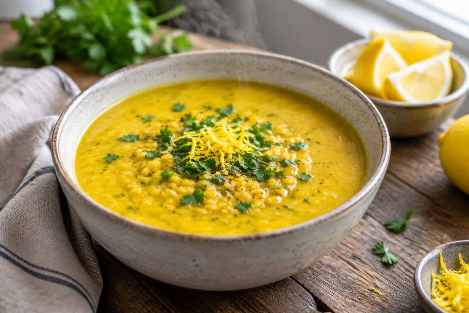 Golden lemon lentil soup garnished with fresh parsley and lemon zest, a healing flavorful dish