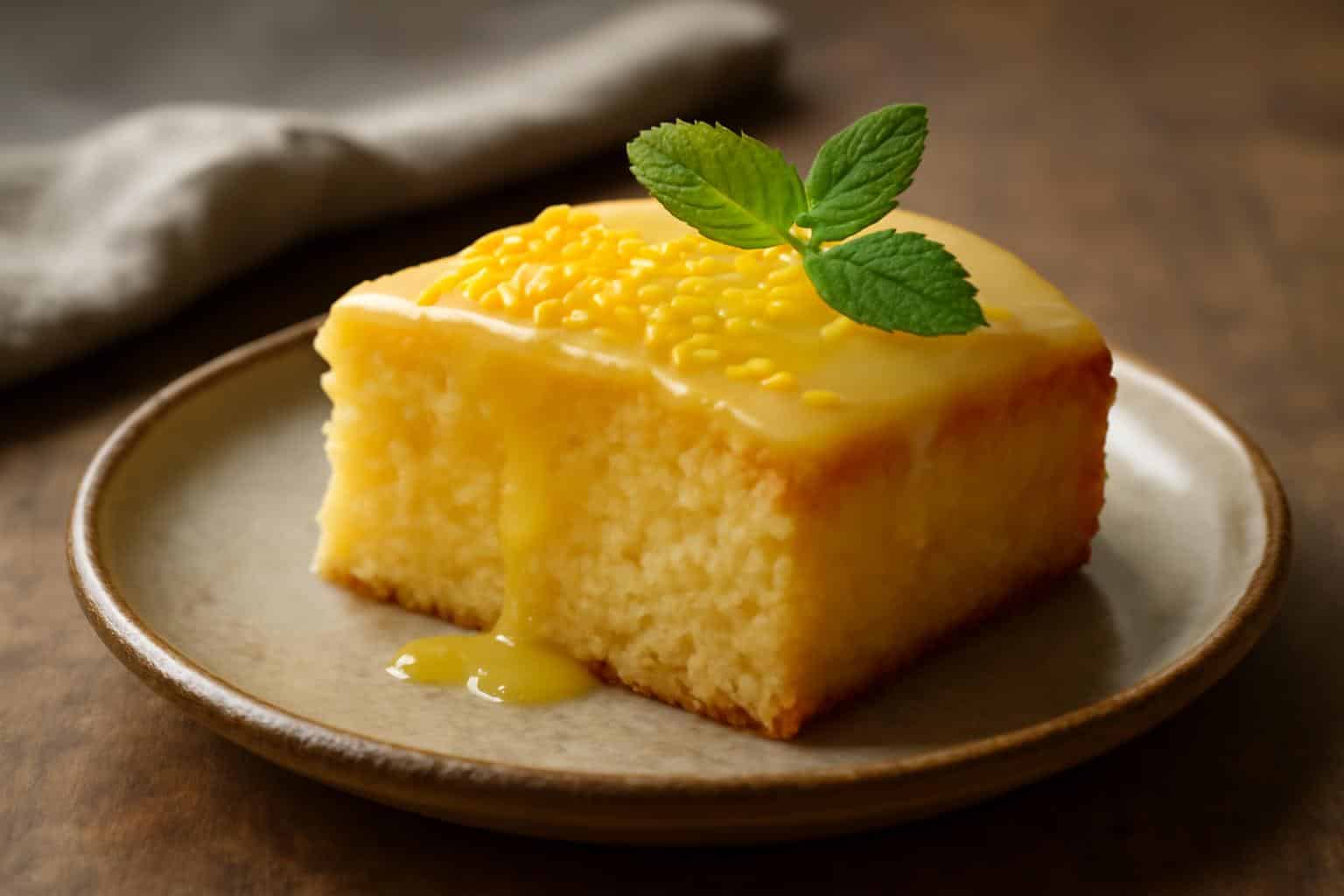 A slice of gooey lemon butter cake with lemon glaze and zest, showcasing the gooey lemon butter cake texture
