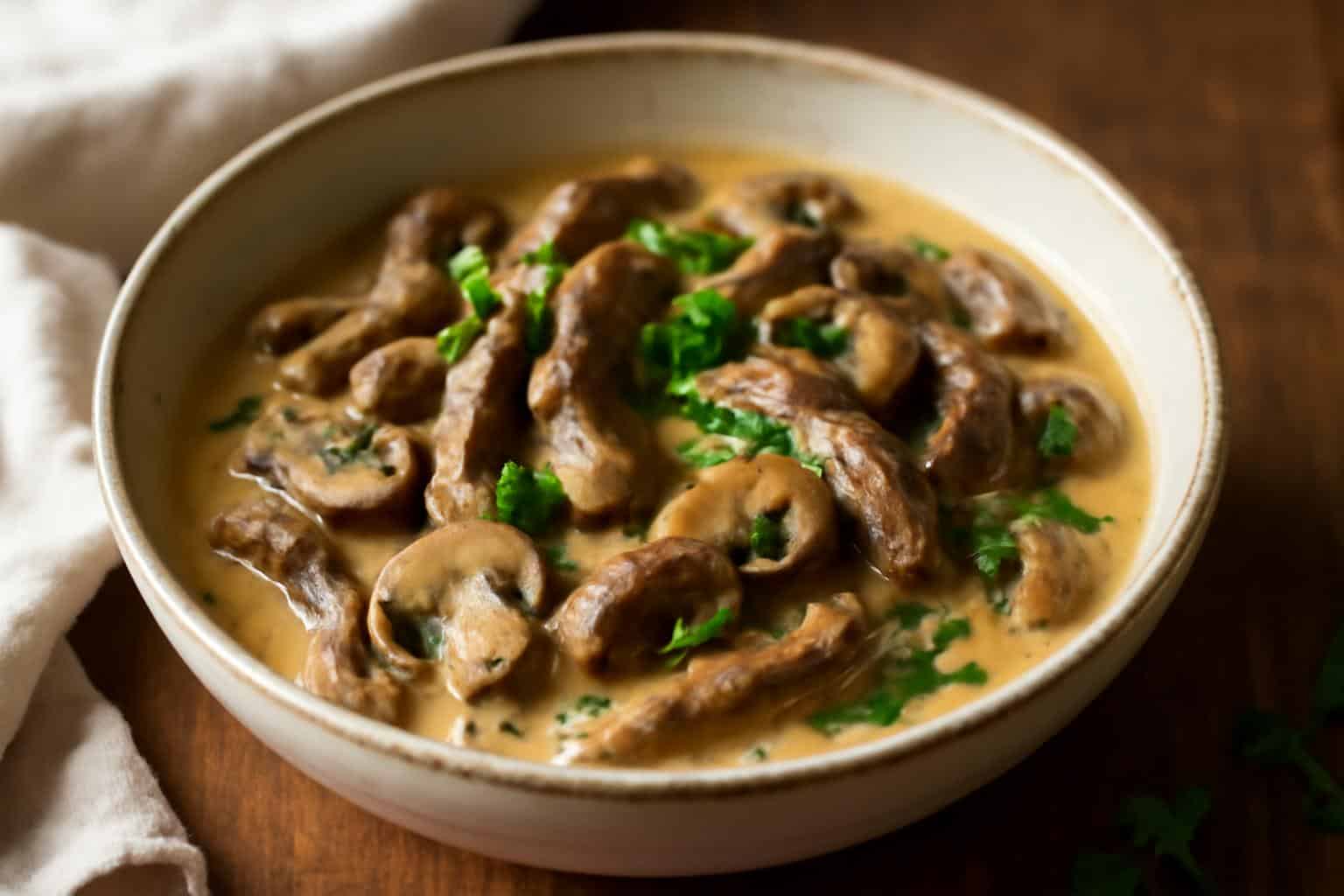 Gordon Ramsay beef stroganoff with creamy sauce and parsley garnish