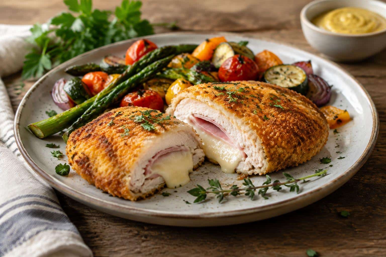 Golden baked chicken cordon bleu with melted cheese and delish sides on rustic plate