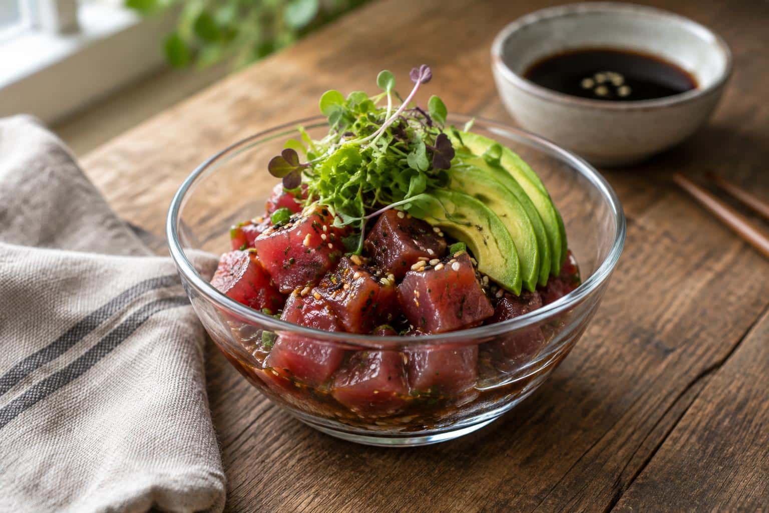 Freshly prepared Gordon Ramsay tuna tartare garnished with microgreens and avocado slices
