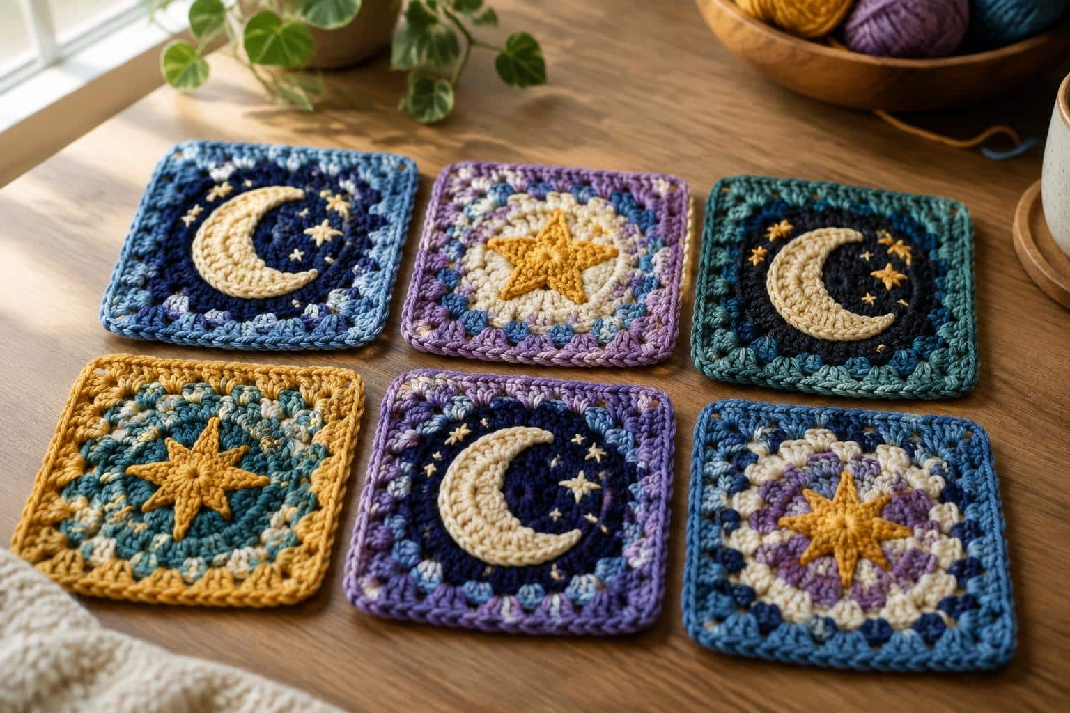 Granny square crochet pieces with celestial designs displayed on wooden surface, showcasing granny square crochet patter