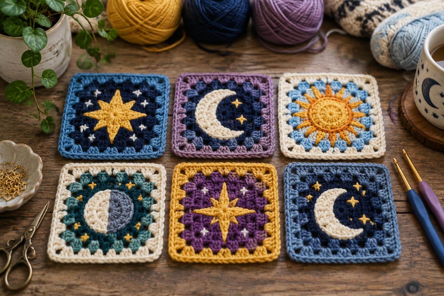 Six colorful granny square crochet pieces with celestial designs in natural light