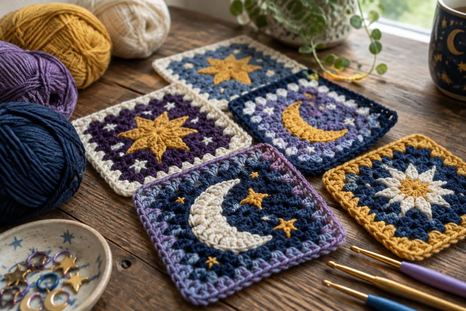 Colorful granny square crochet patterns with celestial designs in natural soft light featuring the granny square crochet