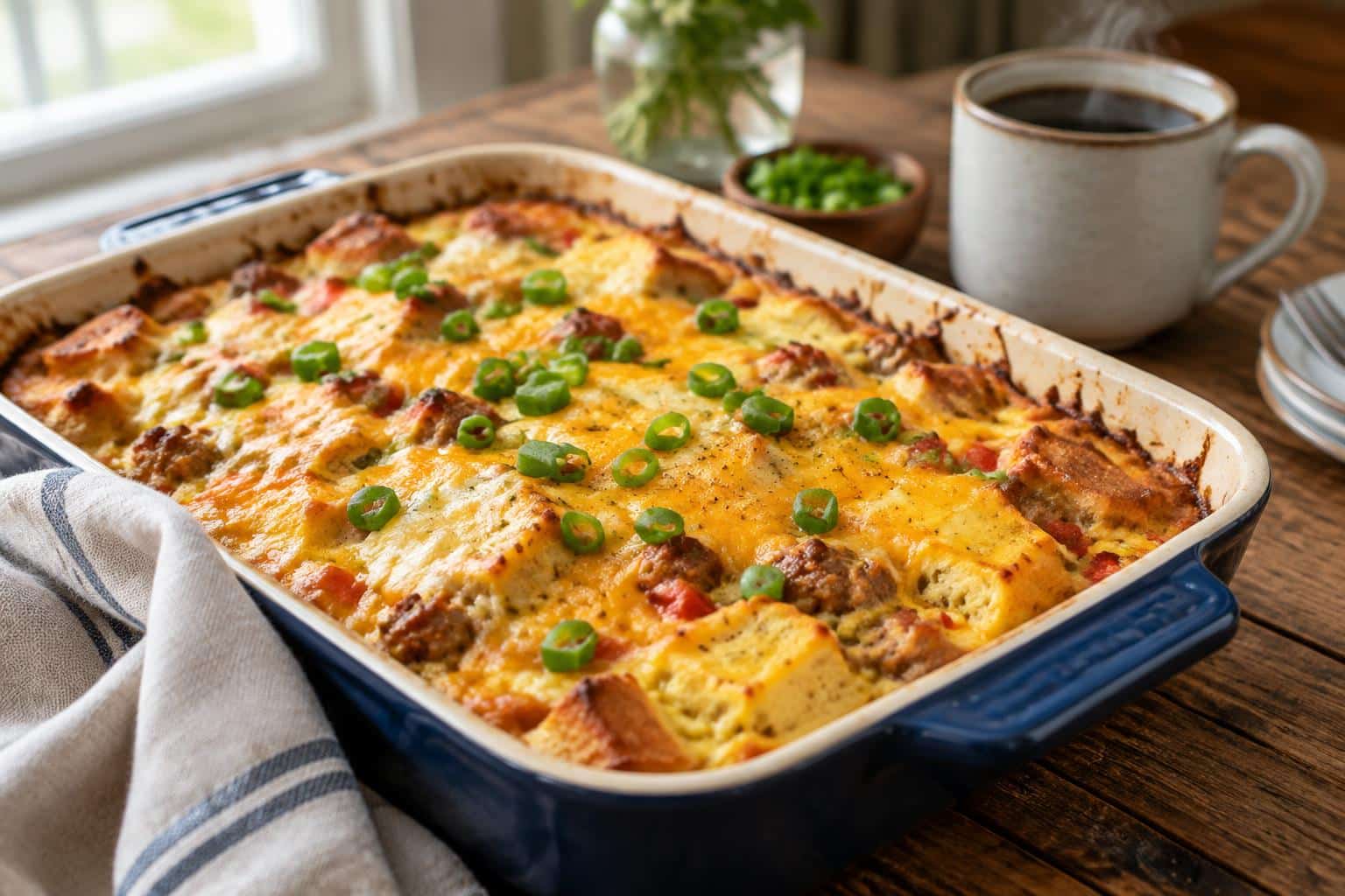 Golden baked breakfast casserole with melted cheese and green onions, perfect breakfast casserole dish