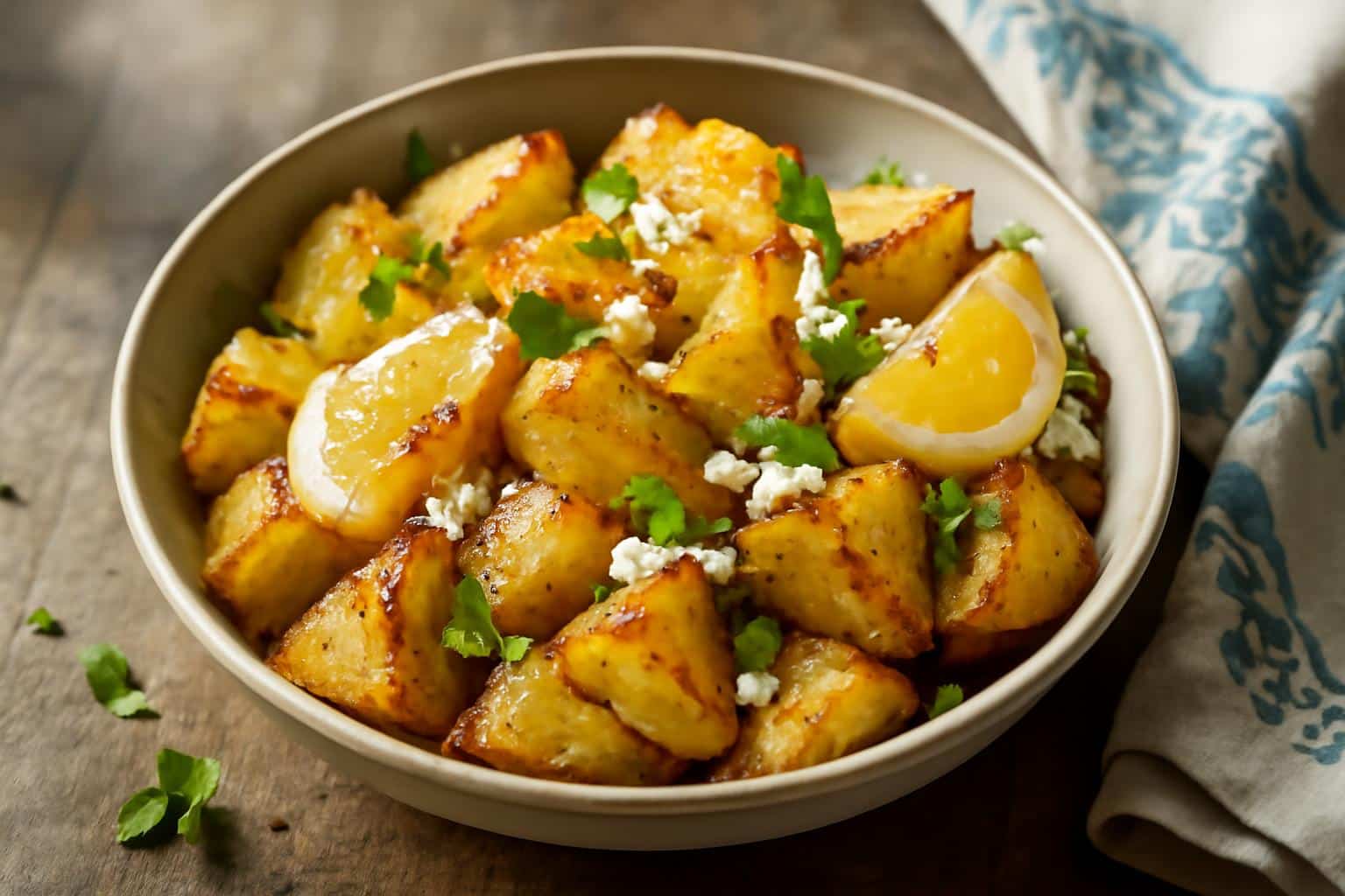 Bowl of crispy Greek roast potatoes with lemon wedges and crumbled feta cheese