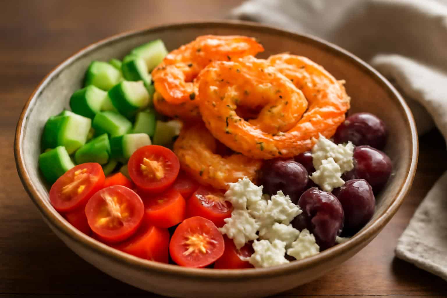 Greek shrimp bowl with fresh Mediterranean vegetables and feta cheese in a rustic bowl