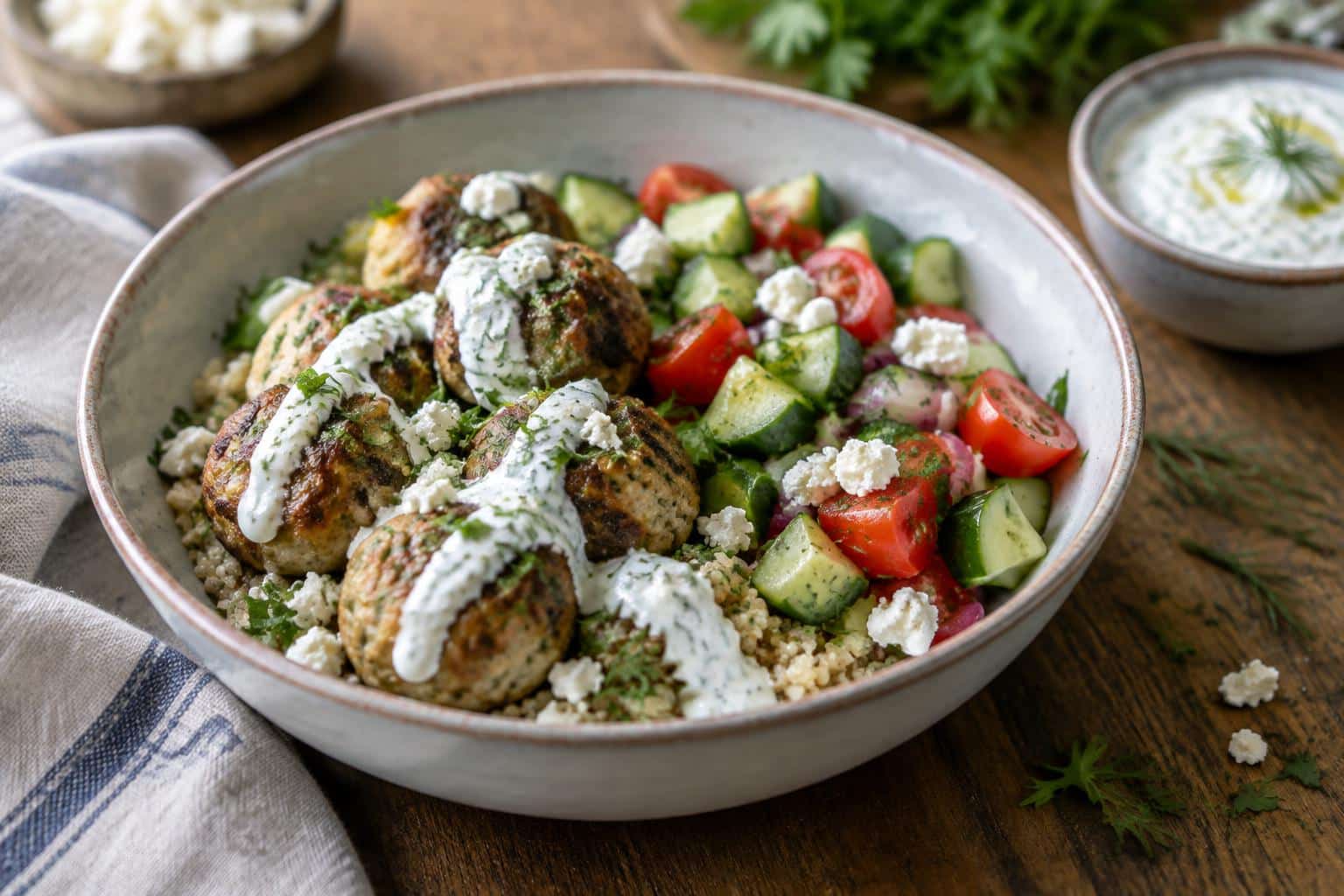 Greek turkey meatball bowls topped with creamy tzatziki sauce and fresh herbs