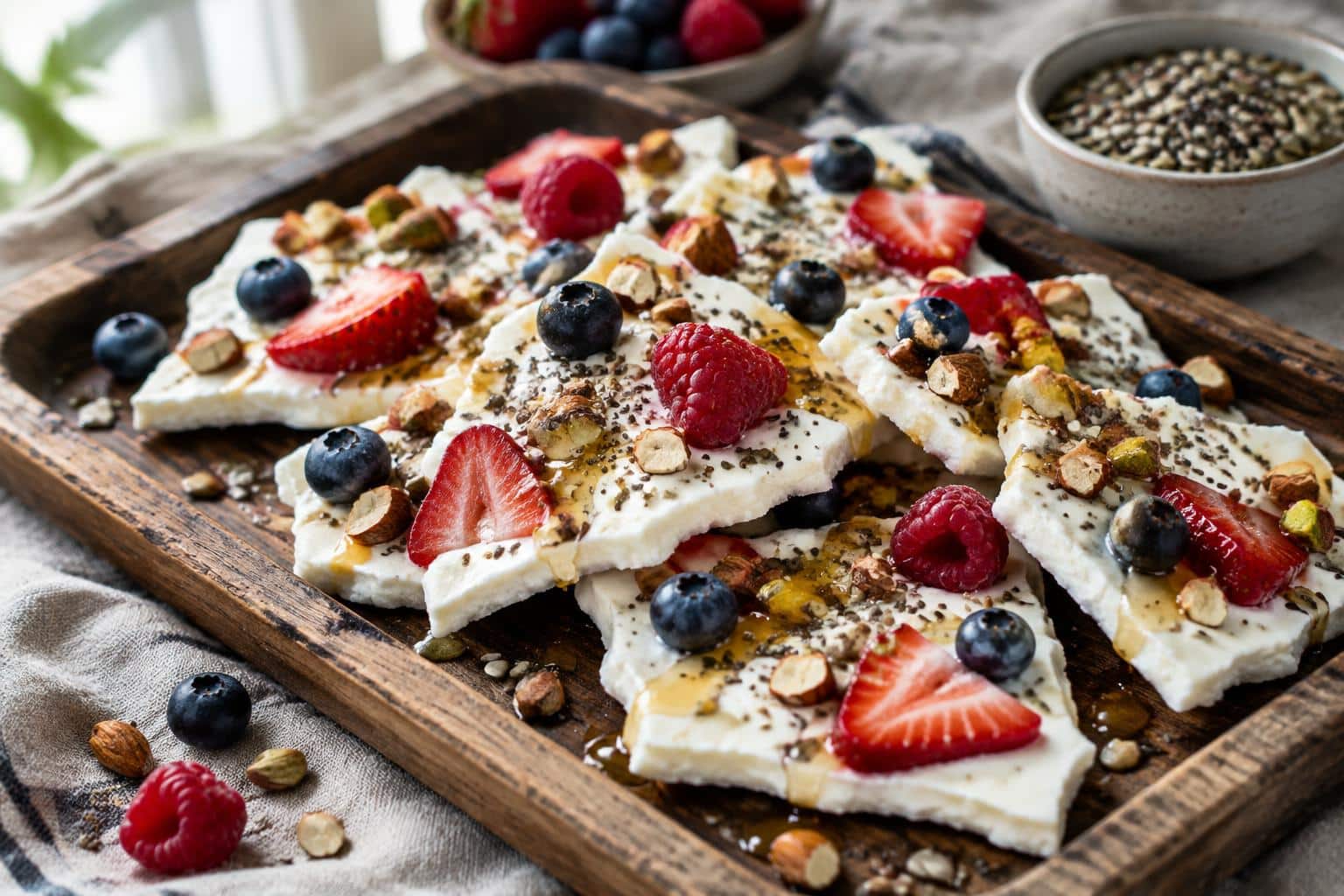 Close-up of Greek yogurt bark protein-packed snack with berries and nuts