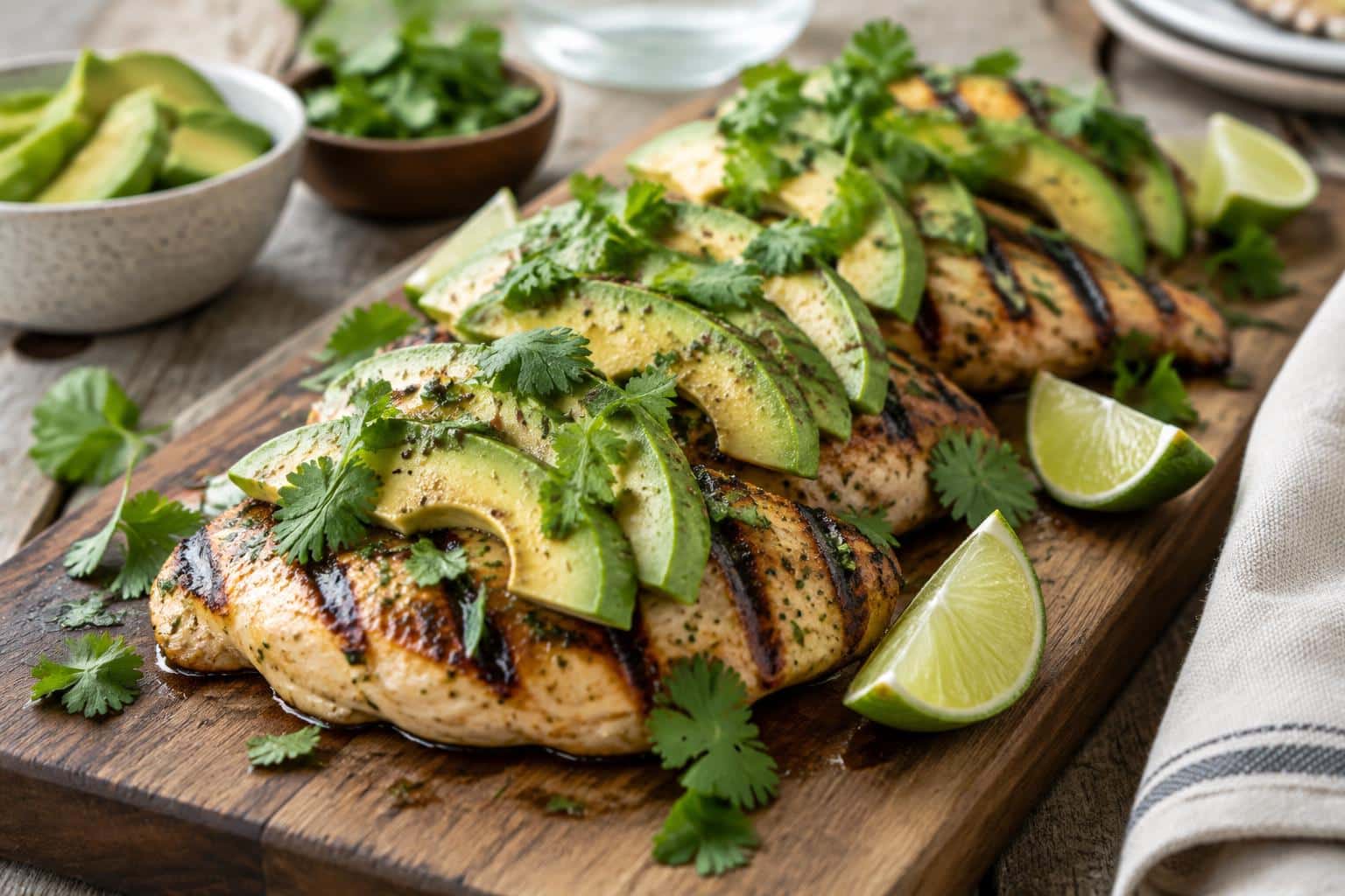 Grilled California avocado chicken with char marks and creamy avocado slices on a rustic board
