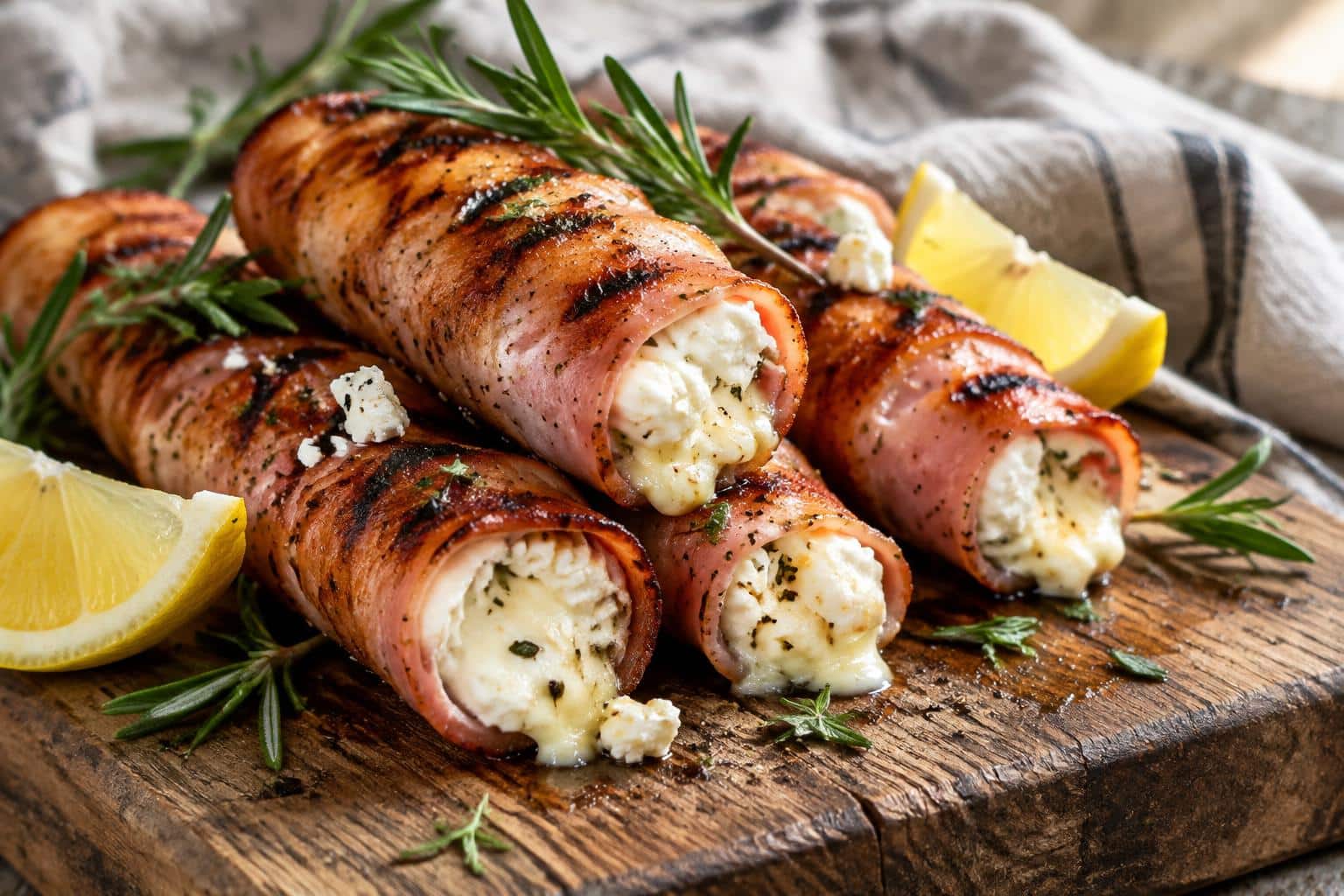 grilled feta ham rolls on wooden board with rosemary garnish and lemon wedges