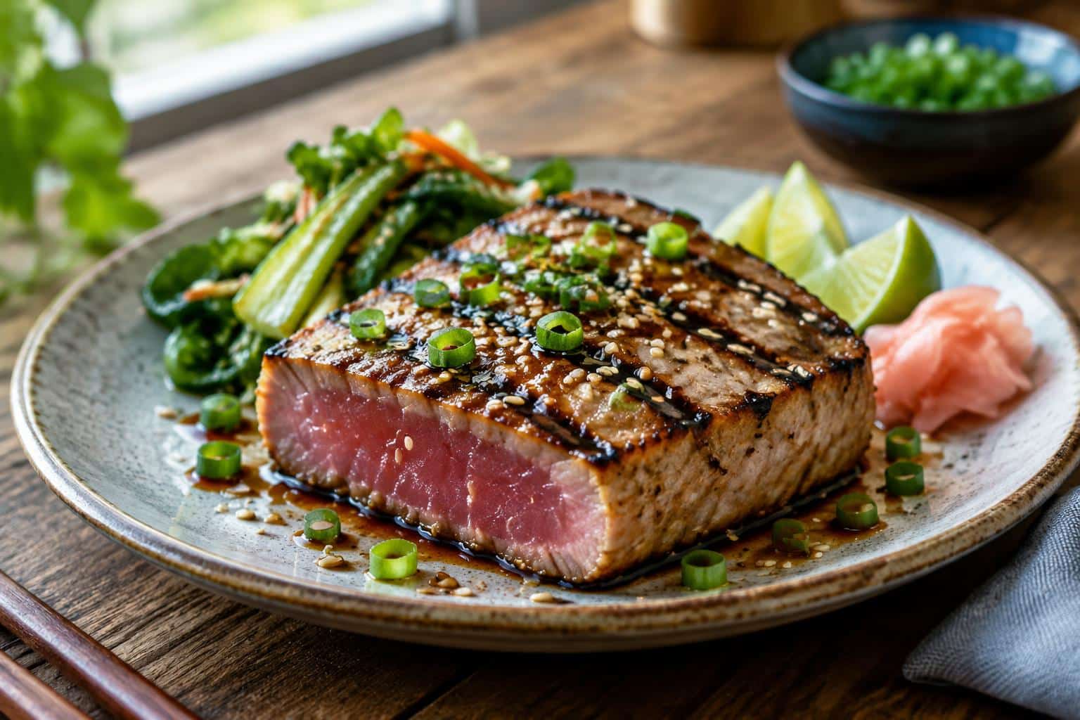 Grilled soy ginger tuna steak with green onion garnish and sesame seeds on rustic wooden plate