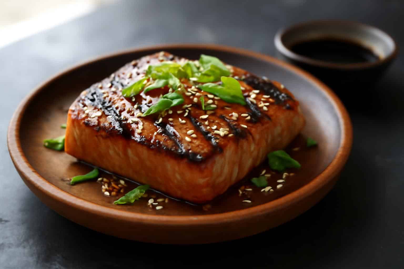 Grilled soy-ginger tuna steaks plated with scallions and sesame seeds, showcasing the soy-ginger tuna steaks glaze