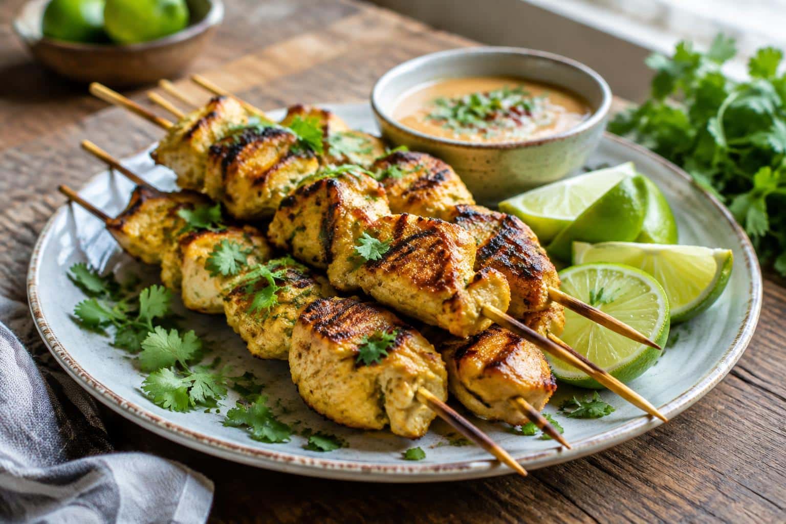 Grilled Thai coconut chicken skewers garnished with lime and cilantro on rustic wooden background