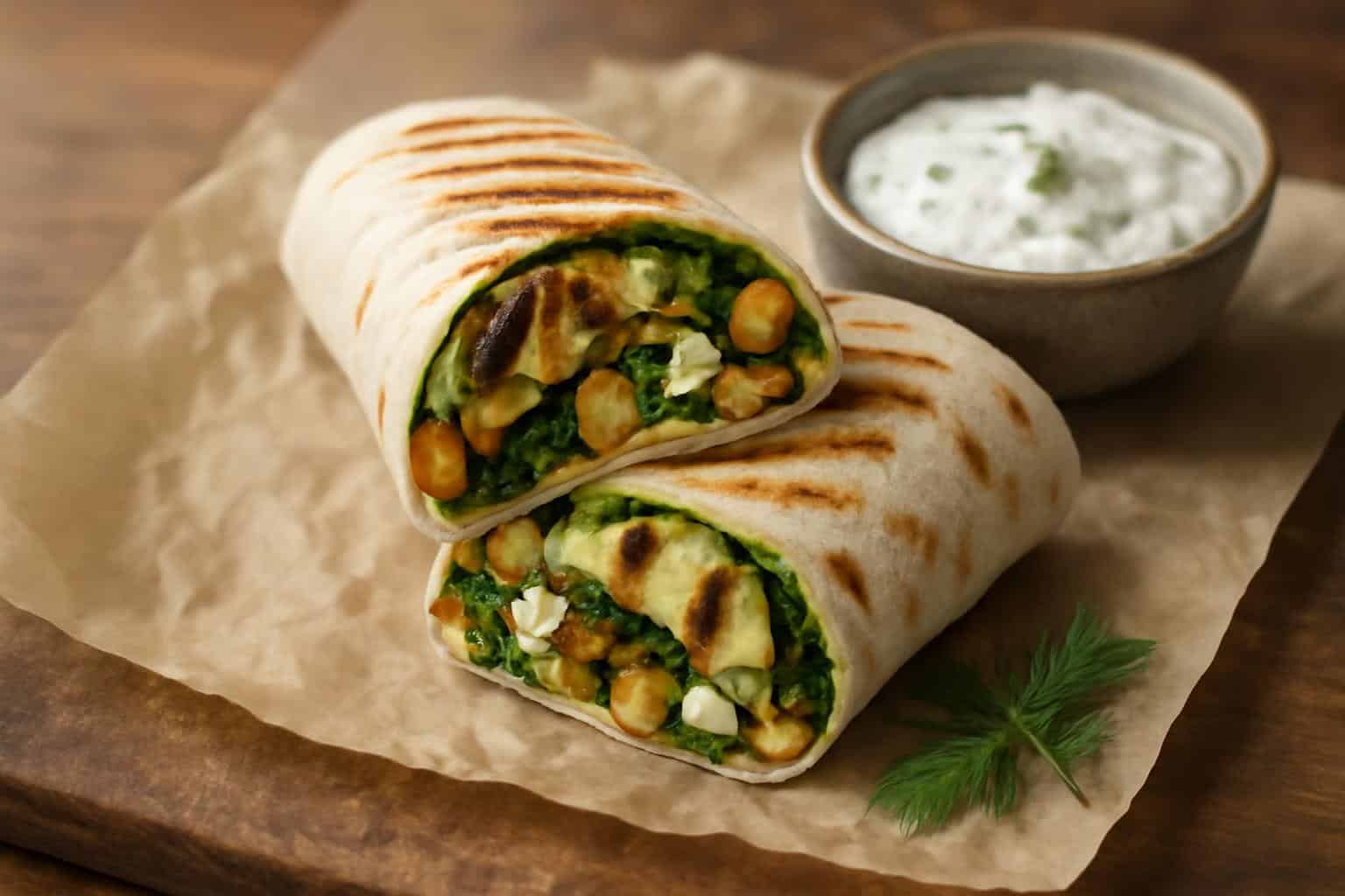 Grilled zucchini and feta chickpea wrap with herbed yogurt served on a wooden board