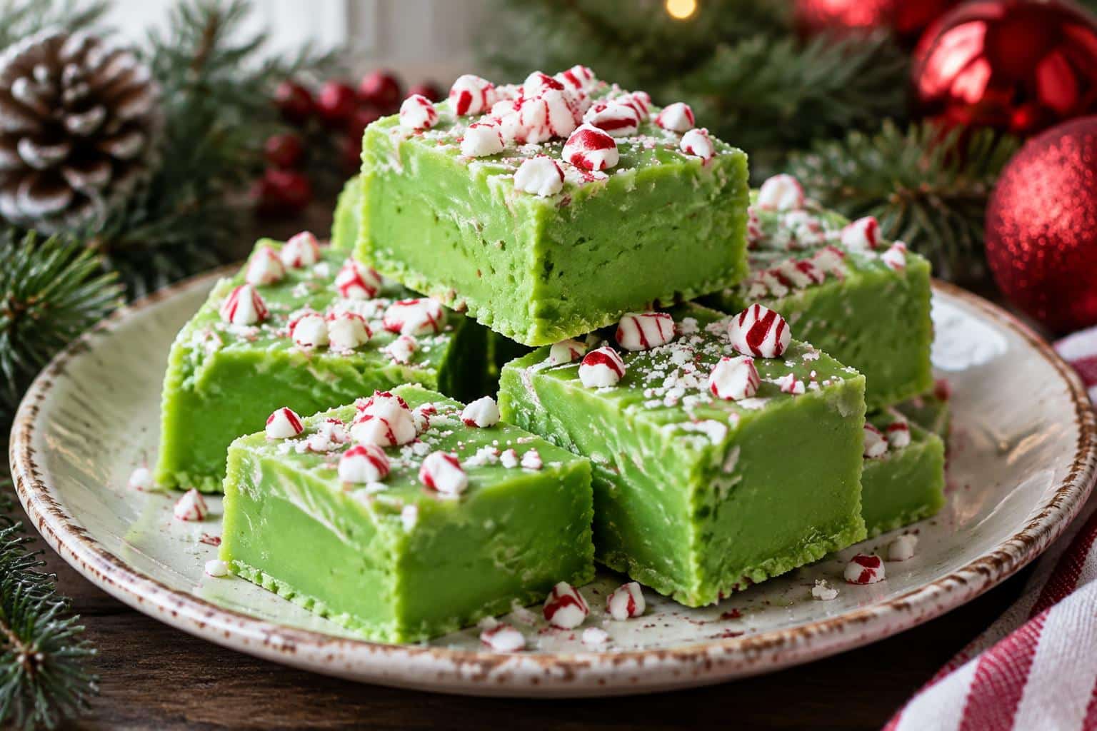 Bright green Grinch fudge squares with peppermint garnish in natural light, showing the creamy texture of grinch fudge