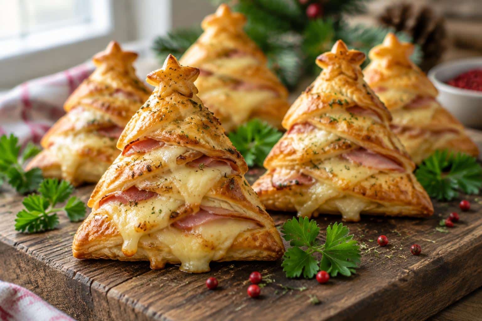 ham cheese appetizer puff pastry Christmas trees with melted cheese and parsley garnish