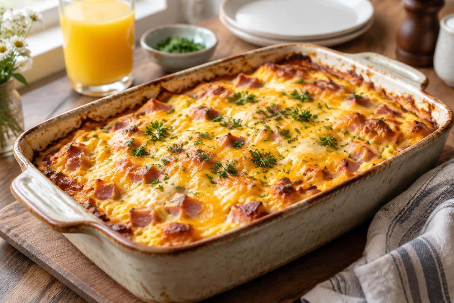 ham egg cheese casserole baked golden with parsley garnish in ceramic dish