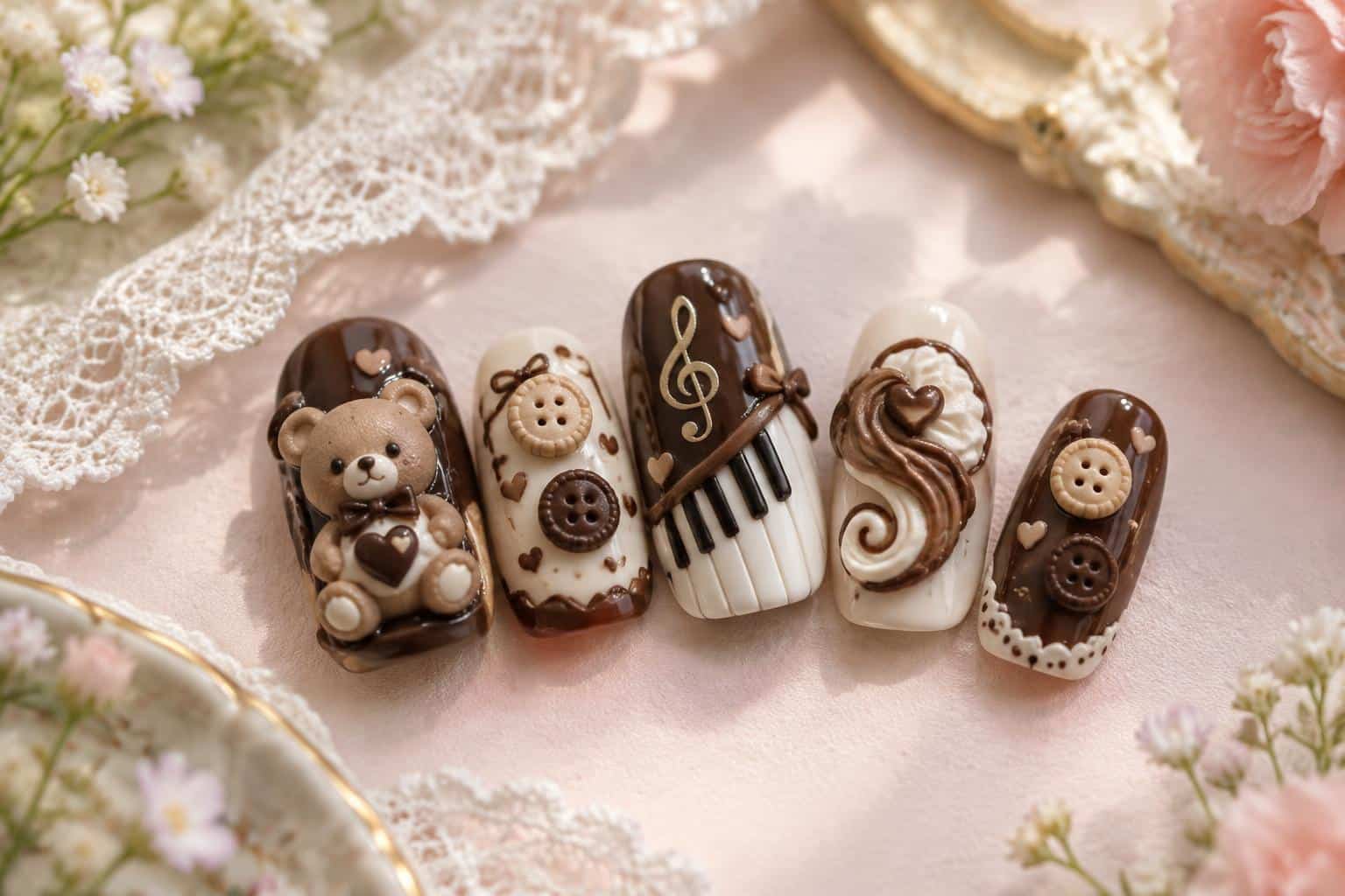 Handmade chocolate melody nails with 3D bear, cookie buttons, piano art and swirl design
