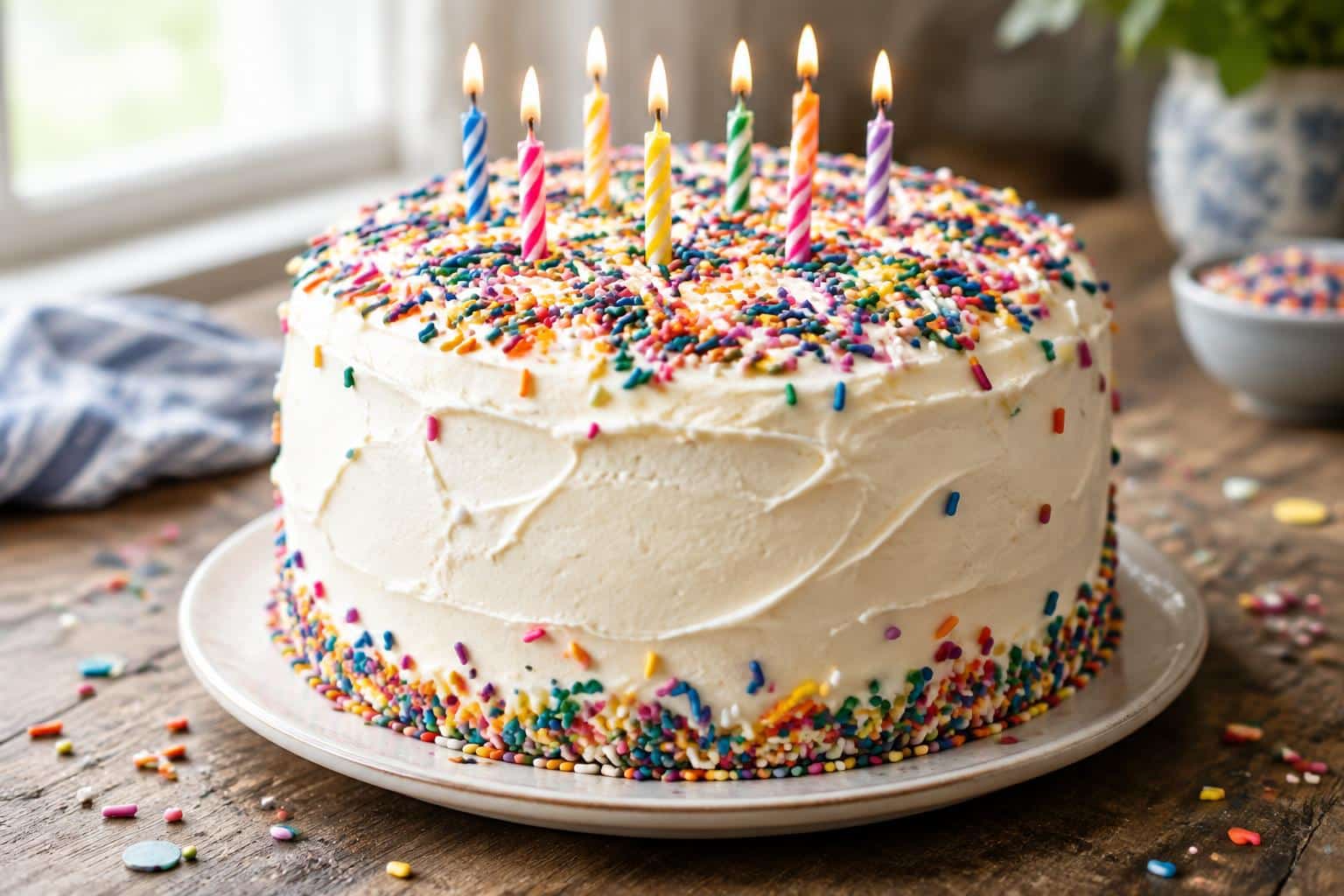 Happy birthday caker with creamy frosting and rainbow sprinkles on a wooden table