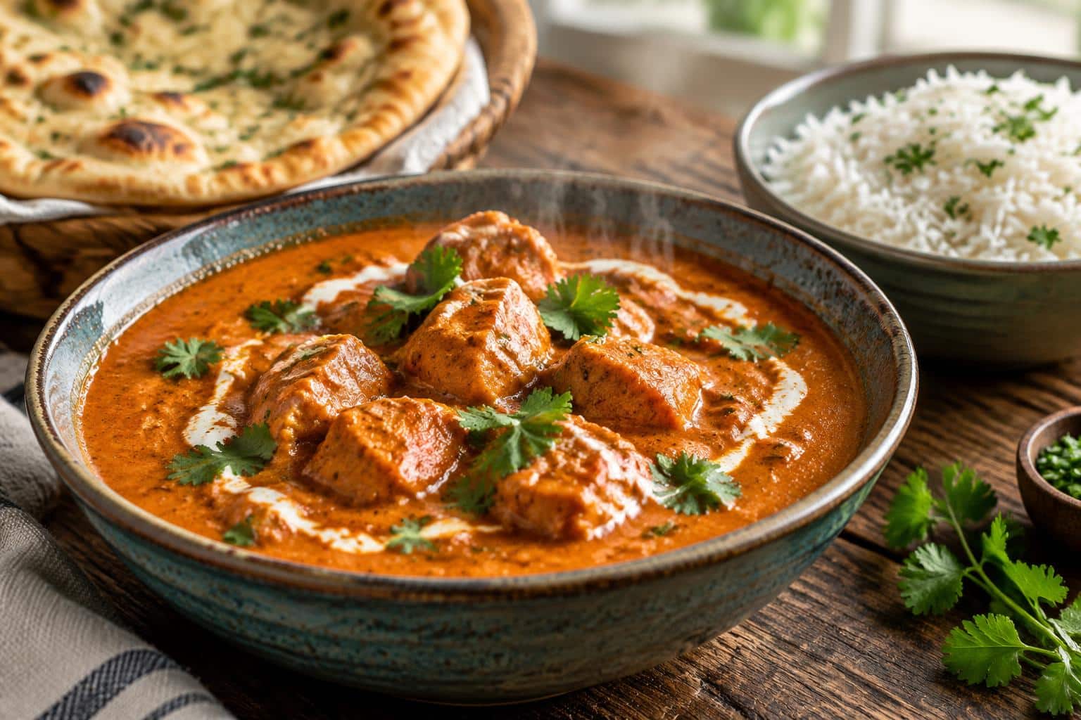 Hausgemachtes butter chicken in creamy sauce garnished with cilantro and cream swirl