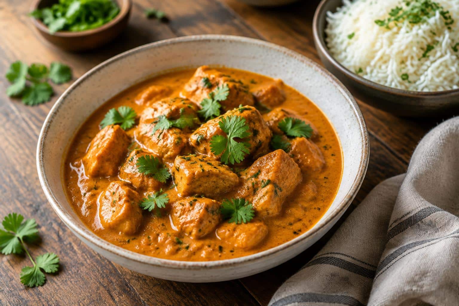 Hausgemachtes butter chicken served in a bowl with creamy sauce and fresh cilantro garnish