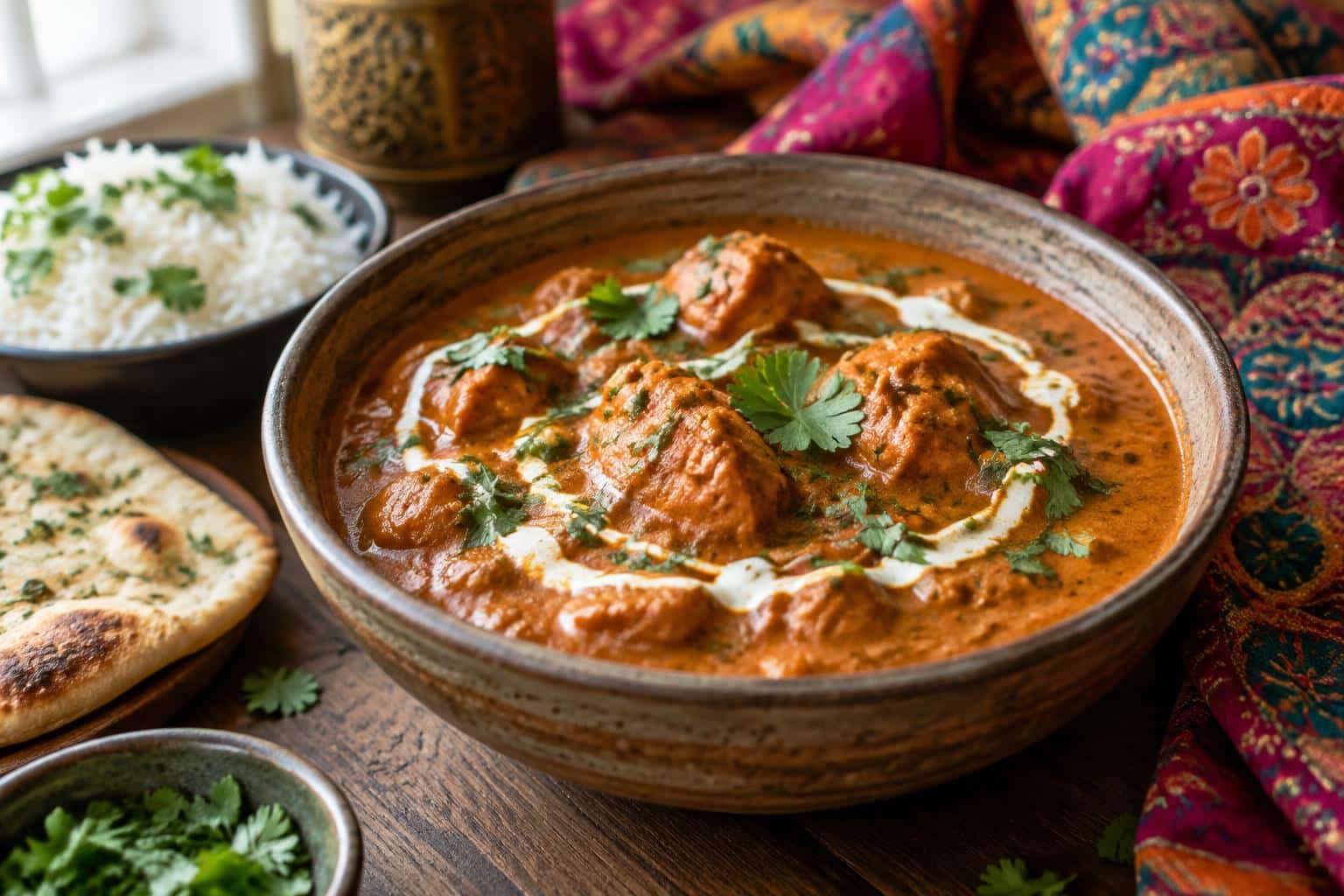 Hausgemachtes butter chicken in a bowl garnished with cilantro and cream