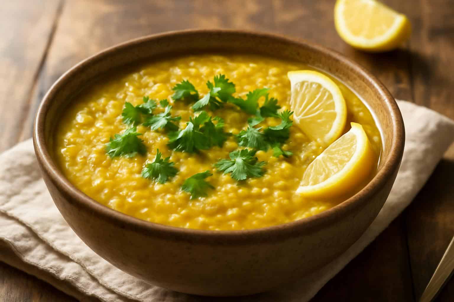 Golden lemon lentil soup garnished with cilantro and lemon wedges, showing vibrant anti-inflammatory ingredients