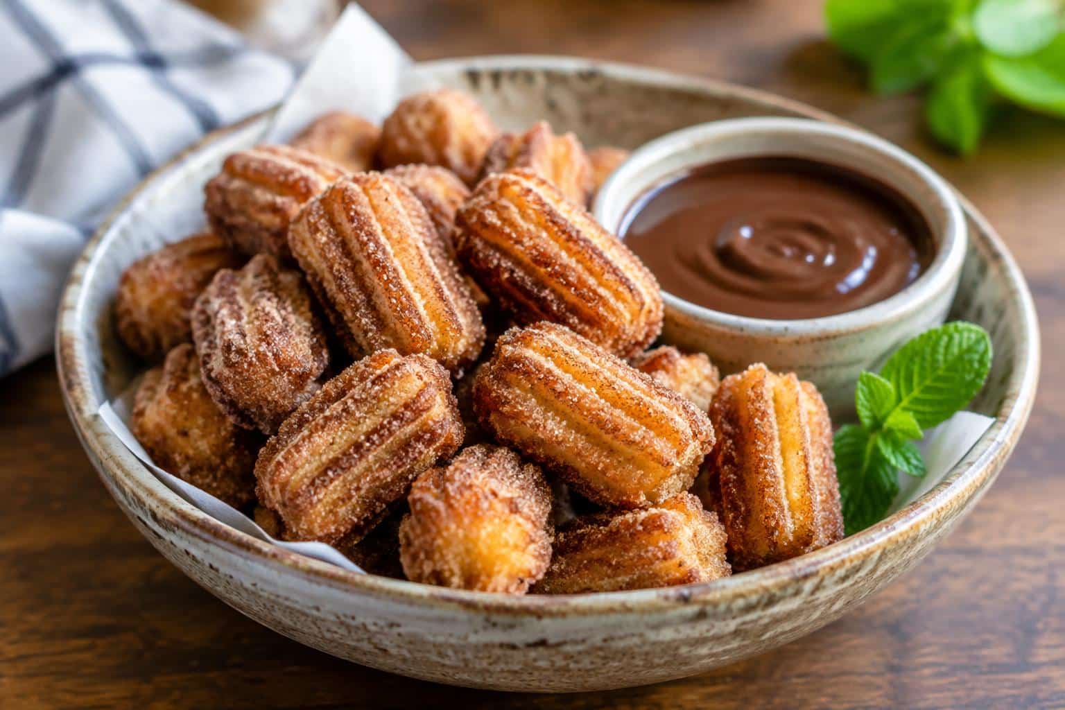Golden crispy healthy air fryer churro bites dusted with cinnamon sugar in a bowl