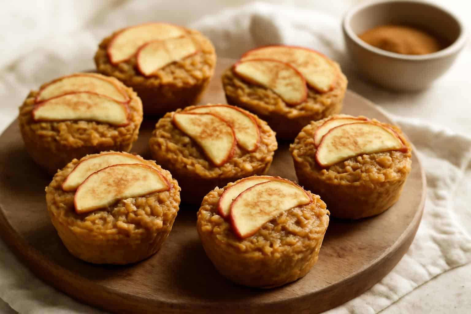 Freshly baked apple cinnamon oatmeal cups with golden tops and cinnamon garnish
