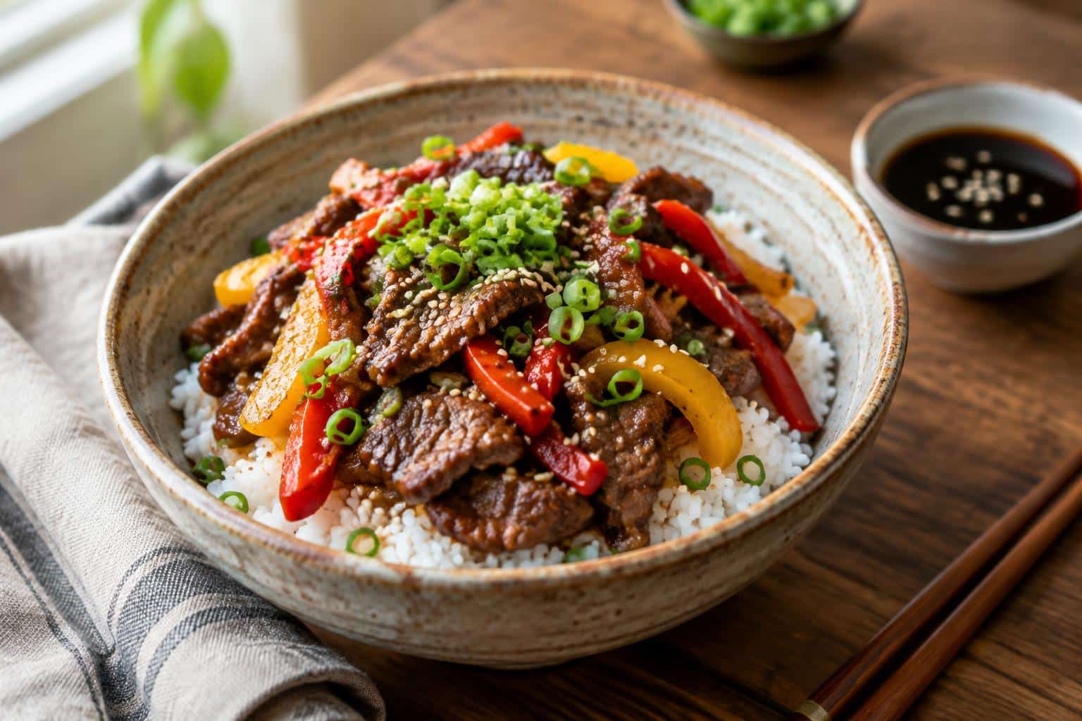 Healthy beef and pepper rice bowl with green onions and sesame seeds in a rustic bowl