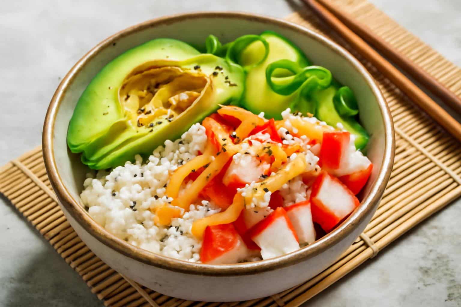 Healthy California roll sushi bowls with avocado, cucumber, and crab in a ceramic bowl